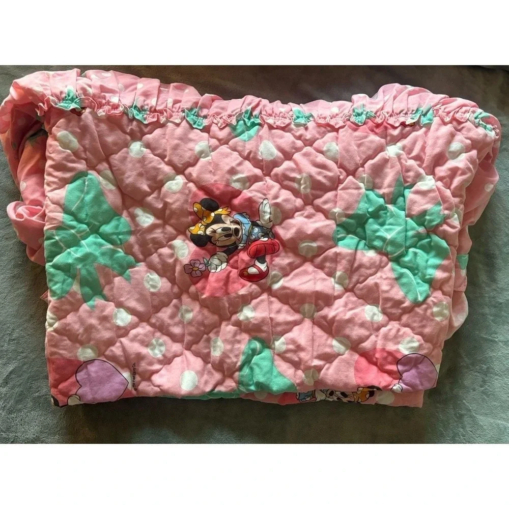 Vintage 90s Minnie Mouse Twin Bedspread Ruffle Coverlet Quilt Pink Polka‎ Dot